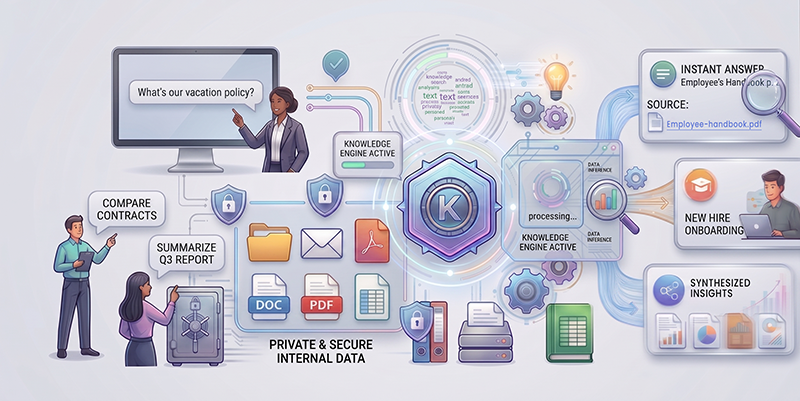 Illustration of a knowledge AI agent answering questions from a company’s private documents.