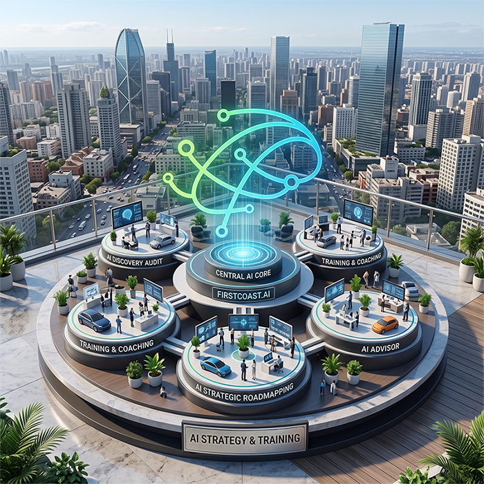 Isometric illustration of a rooftop AI strategy campus above a city skyline: a central AI core ringed by stations for the discovery audit, strategic roadmapping, training and coaching, and the AI advisor retainer.