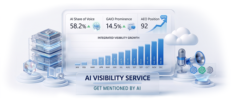 Illustration of an AI Visibility dashboard: AI share of voice, prominence, and answer-engine position scores over a rising visibility growth chart