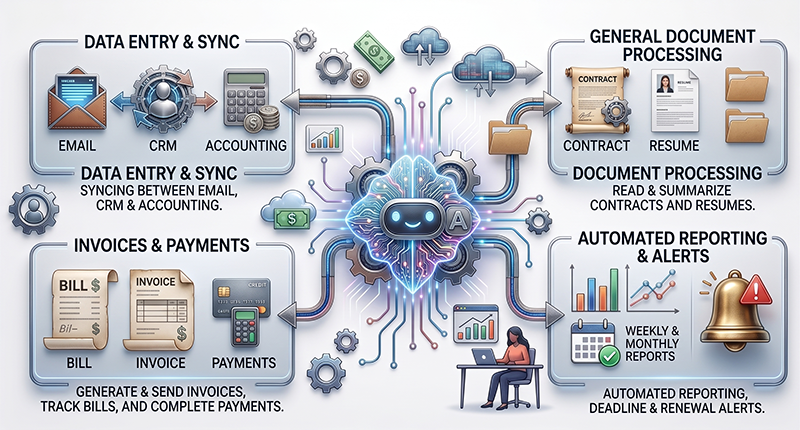Illustration of a back-office AI agent processing documents and syncing data between internal systems.