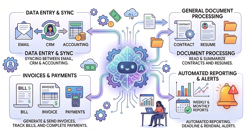 Illustration of a back-office AI agent processing documents and syncing data between internal systems.