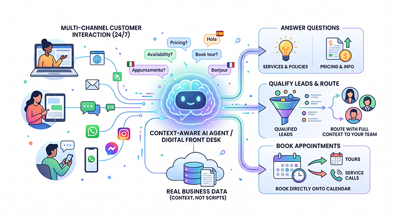 Illustration of a front-office AI agent handling customer chat, scheduling, and lead capture.
